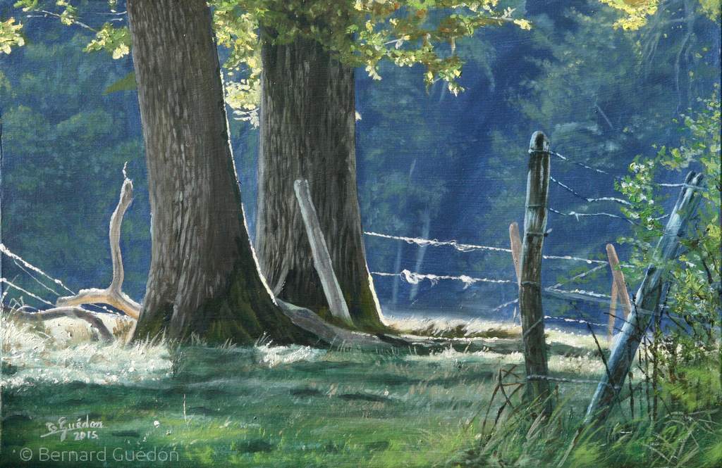 Les deux chênes.Peinture Bernard Guédon.