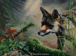 Le renard et le champignon.Peinture Bernard Guedon