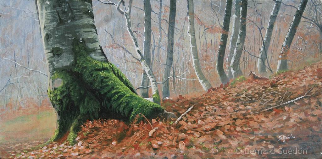 Tapis de feuilles et renard,huile B.Guédon
