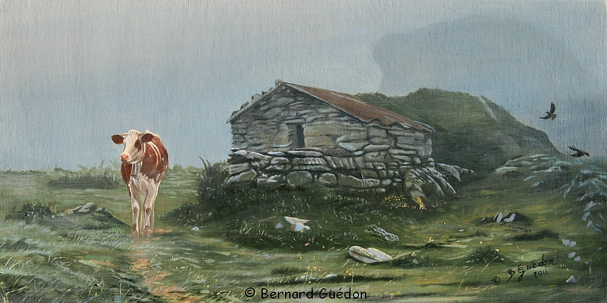Peinture Vache sur le chemin de la cabane.Bernard Guedon.